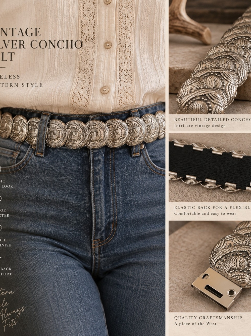Vintage Silver Concho Elastic Western Belt. 27 Inches (Will Stretch